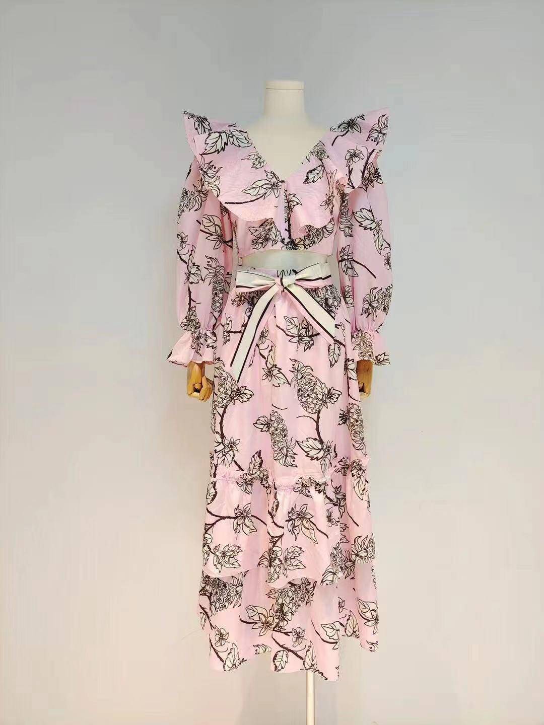Brielle Allover Print V Neck Crop Top & Layered Hem Skirt Set