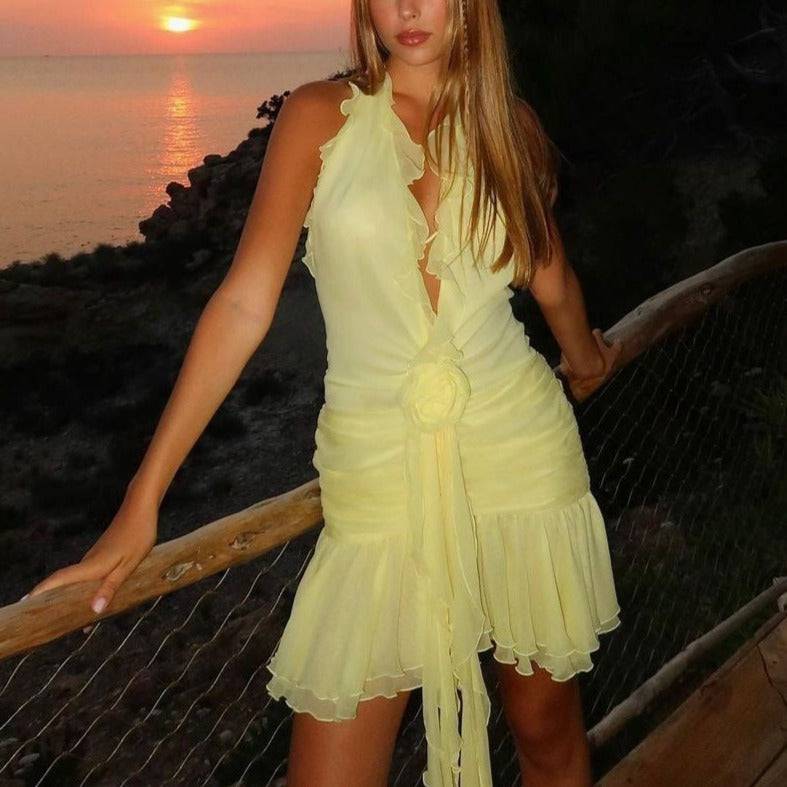 Philippa Ruffled Deep V Neck Halter Mini Dress - Hot fashionista