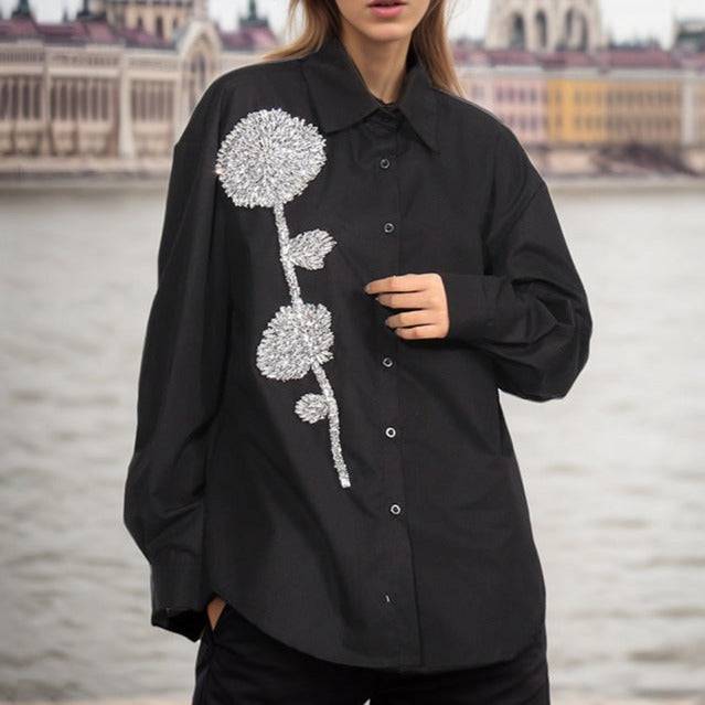 Jewell Rhinestone Flower Stand Collar Long Shirt - Hot fashionista