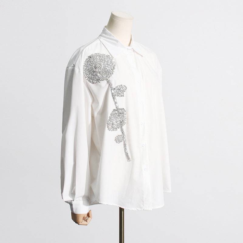 Jewell Rhinestone Flower Stand Collar Long Shirt - Hot fashionista