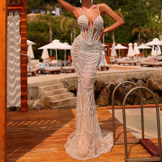 Jade V-Neck Pearl Beaded Dress - Hot fashionista