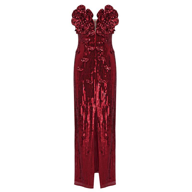 Kacey Sequined Flower Detail Slit Maxi Dress - Hot fashionista