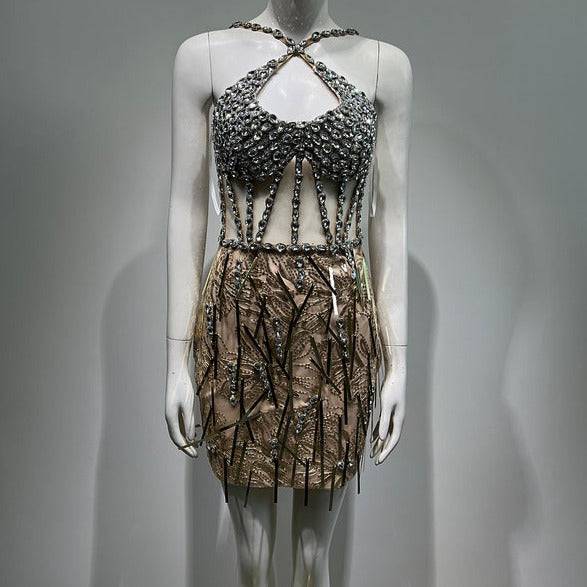 Kymbra Hollow Out Rhinestone Mesh Mini Dress - Hot fashionista