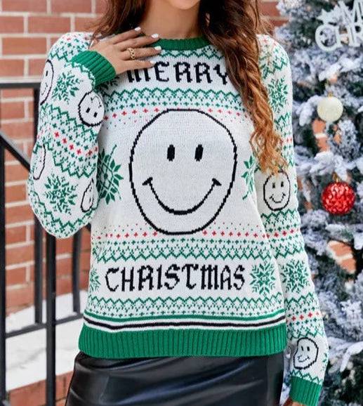 Laila Smiley Face Snow Flakes Pattern Sweater - Hot fashionista
