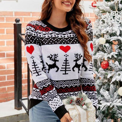 Laureigh Round Neck Reindeer Heart Print Knit Sweater - Hot fashionista