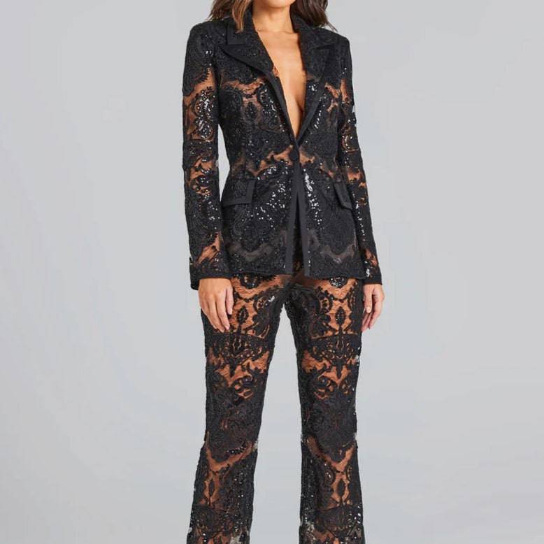 Leigh Lacework Sequined Blazer With Flare Pants - Hot fashionista