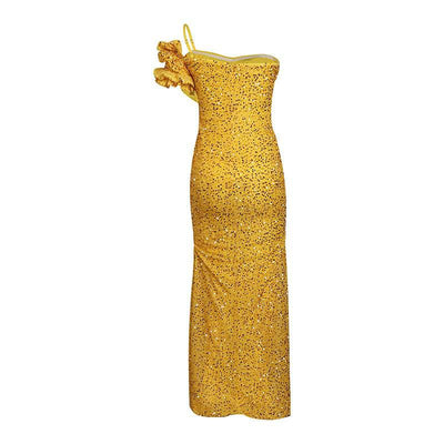 Liza Shiny Sequins One Shoulder Slit Maxi Dress - Hot fashionista