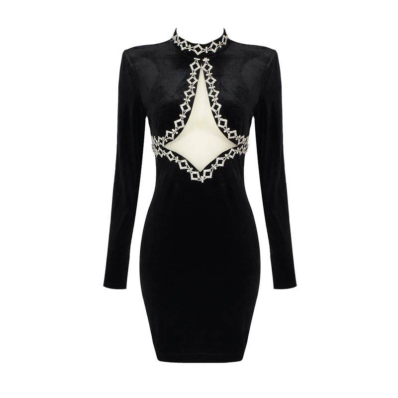Molly Long Sleeves Hollow Out Rhinestone Stand Neck Mini Dress - Hot fashionista