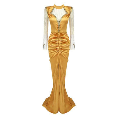 Nella Diamond Long Sleeve Gold Tight Pleated Maxi Dress - Hot fashionista