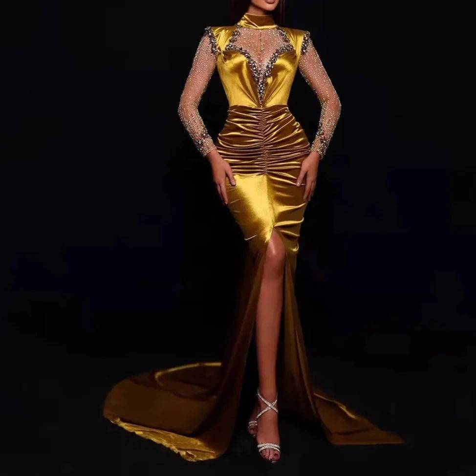 Nella Diamond Long Sleeve Gold Tight Pleated Maxi Dress - Hot fashionista