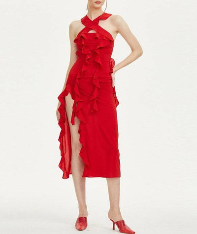 Nicolette Strapless Ruffle Slit Midi Dress - Hot fashionista
