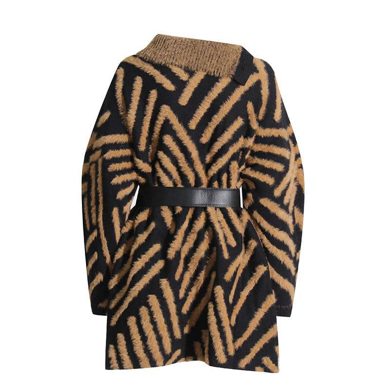 Phillipa Striped Patchwork Knitting With Belt Loose Sweater Dress - Hot fashionista