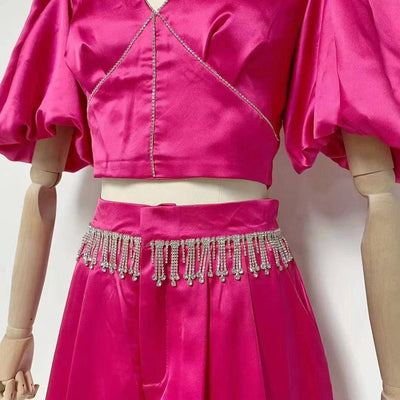 Rihanna Solid Embellished Rhinestone Skirt Set - Hot fashionista