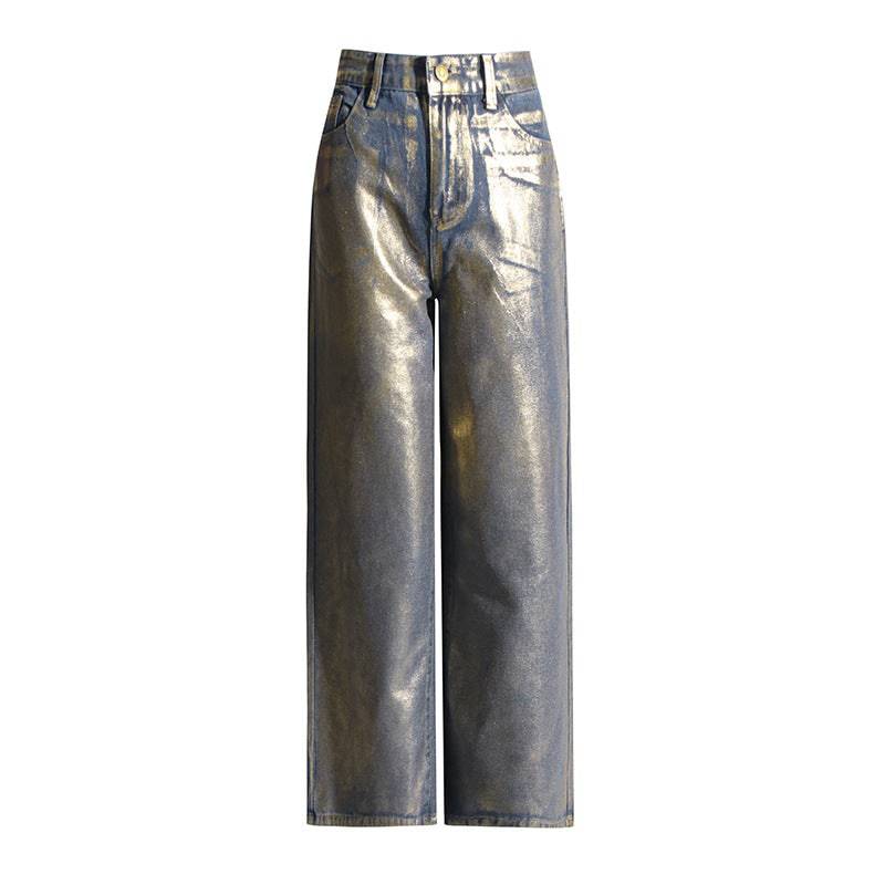 Vennie Loose Straight Jeans With Metallic Finish - Hot fashionista
