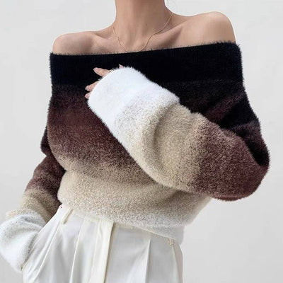 Vivienne Gradient Color Slash Neck Thick Knit Sweater - Hot fashionista