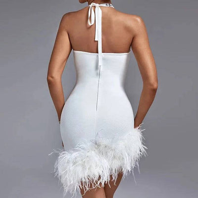 Nelly Crystal Halter Backless Feather Mini Dress - Hot fashionista