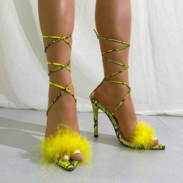 Nora Pointed Open Toe Fluffy Feather High Heel Sandal - Hot fashionista