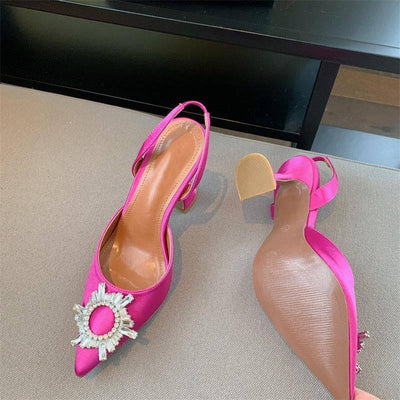 Hallie Pointed Toe Crystal Buckle Embellished Slingback High Heel Shoes - Hot fashionista