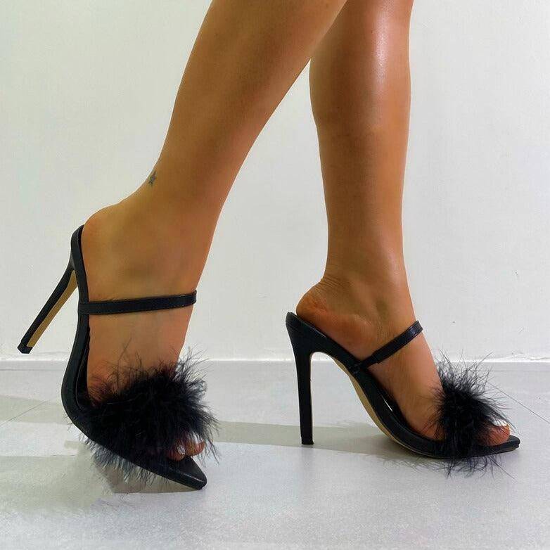 Josephine Peep Toe Fur Embellished Strappy High Heel Sandals - Hot fashionista