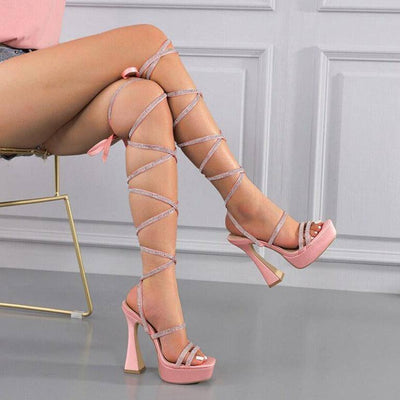 Matilda  Open Toe Rhinestone Strap Lace-Up Platform Heel Sandal - Hot fashionista