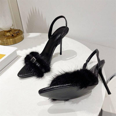 Olive Pointed Open Toe Furry Fur Embellished Slip-On Back Strap Sandals - Hot fashionista