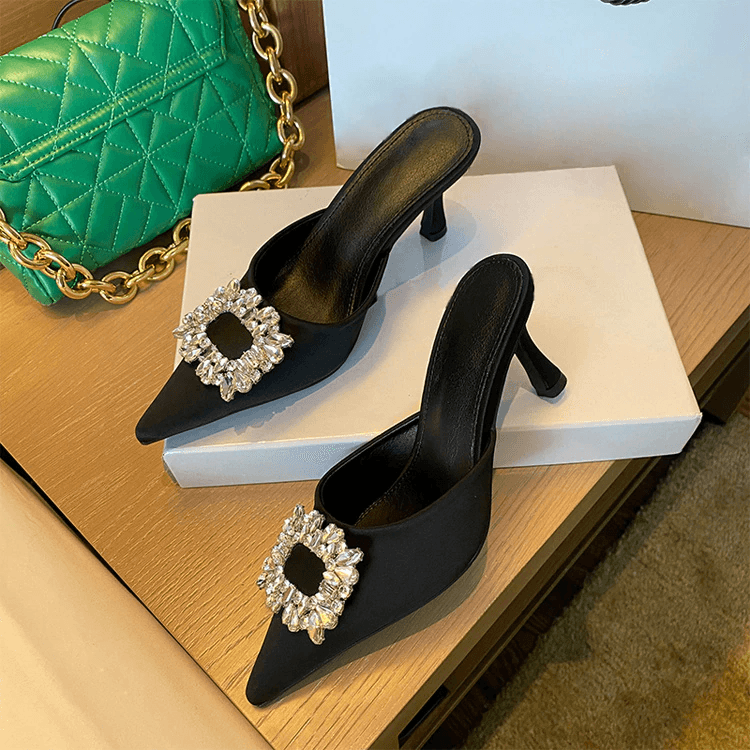 Bonnie Pointed Toe Crystal Buckle Embellished Slip On Sandal - Hot fashionista