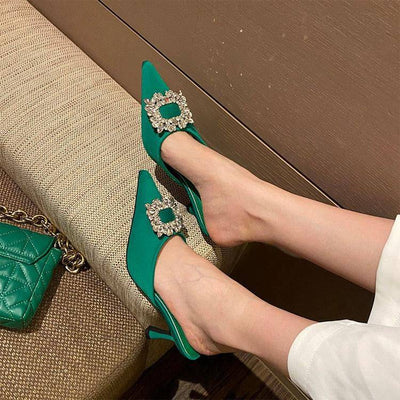 Bonnie Pointed Toe Crystal Buckle Embellished Slip On Sandal - Hot fashionista