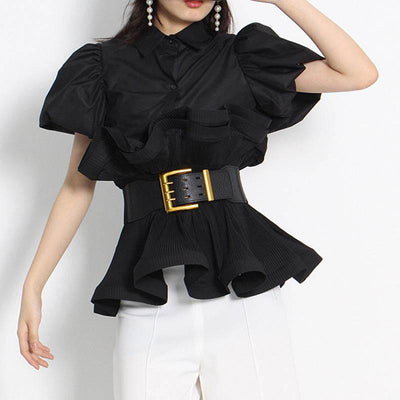 Mary Turn Down Collar Ruffle Belted Top - Hot fashionista