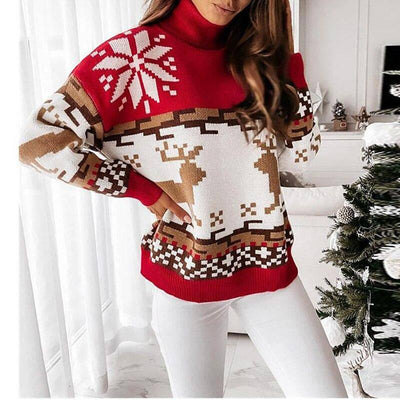 Lucy Turtleneck Long Sleeve Elk Snowflake Print Sweater - Hot fashionista