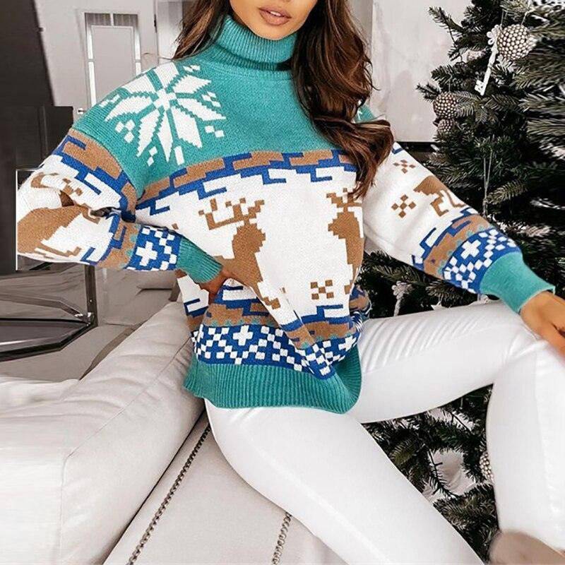 Lucy Turtleneck Long Sleeve Elk Snowflake Print Sweater - Hot fashionista