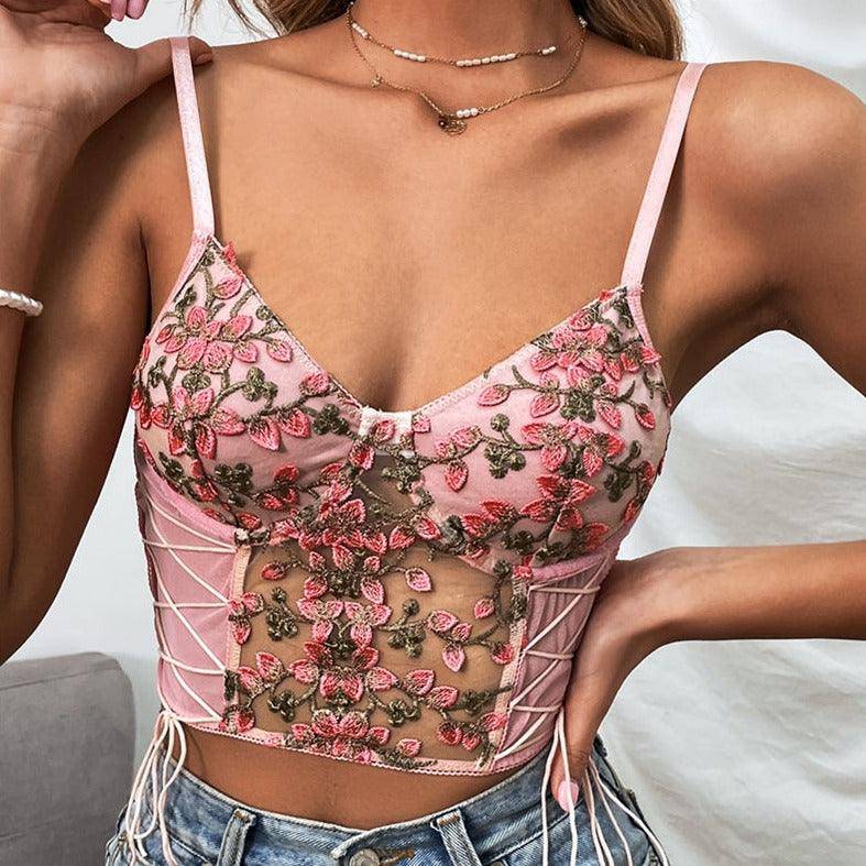 Bessy Floral Embroidery Lace See Through Cami Top - Hot fashionista