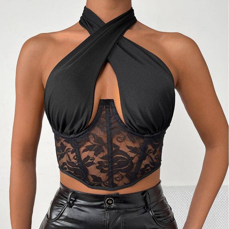 Carly Contrast Lace Criss Cross Halter Top - Hot fashionista