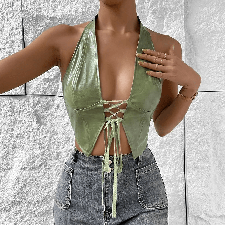 Clementine Plain Lace-Up Cropped Halter Top - Hot fashionista