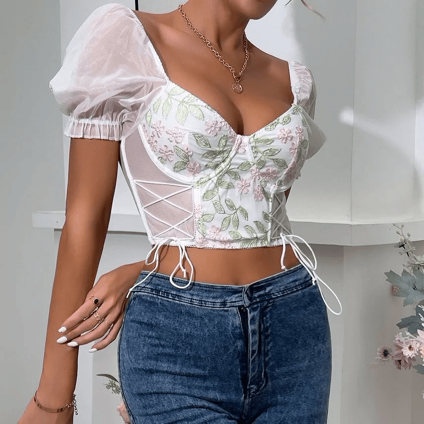 Ella Floral Embroidered Mesh Panel Crop Bustier Top - Hot fashionista