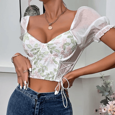 Ella Floral Embroidered Mesh Panel Crop Bustier Top - Hot fashionista