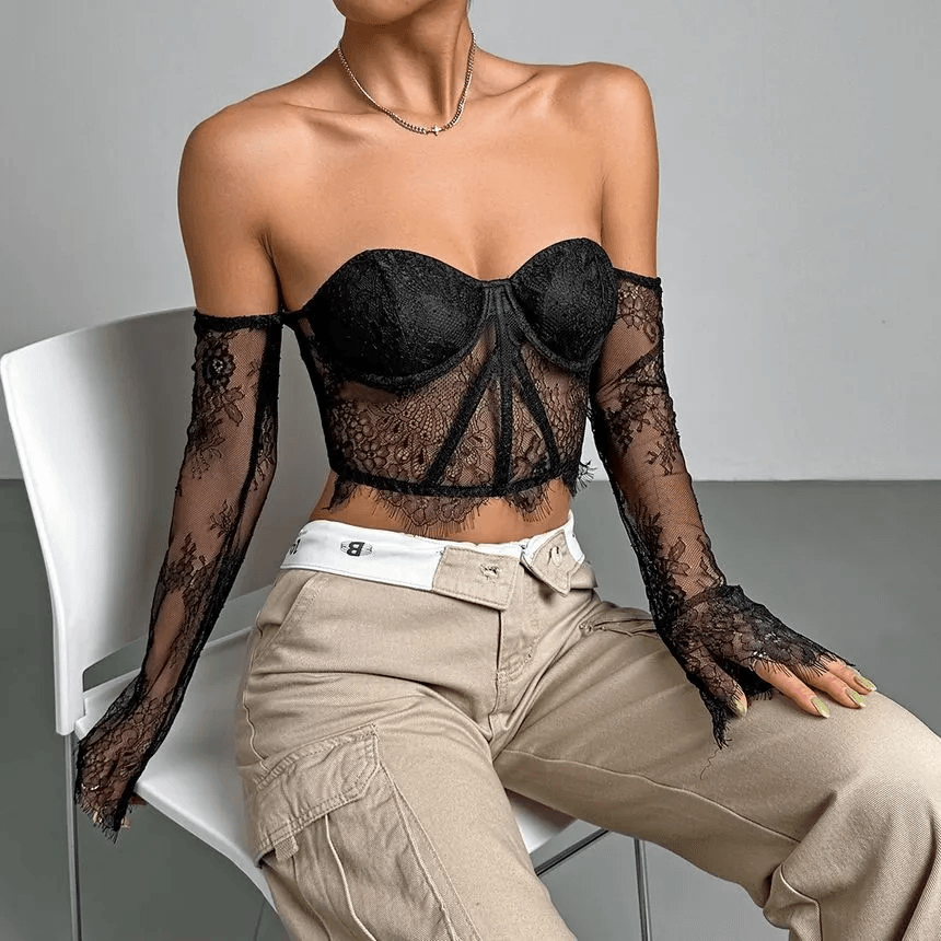 Isabel Long-Sleeve Off-Shoulder Lace Panel Cropped Bustier Top - Hot fashionista