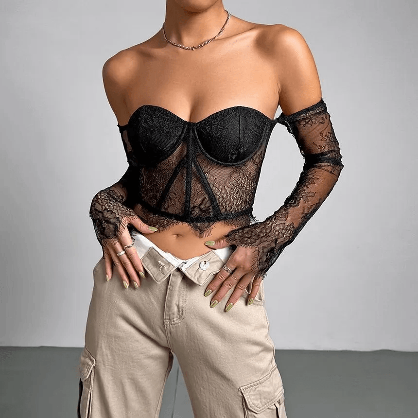 Isabel Long-Sleeve Off-Shoulder Lace Panel Cropped Bustier Top - Hot fashionista