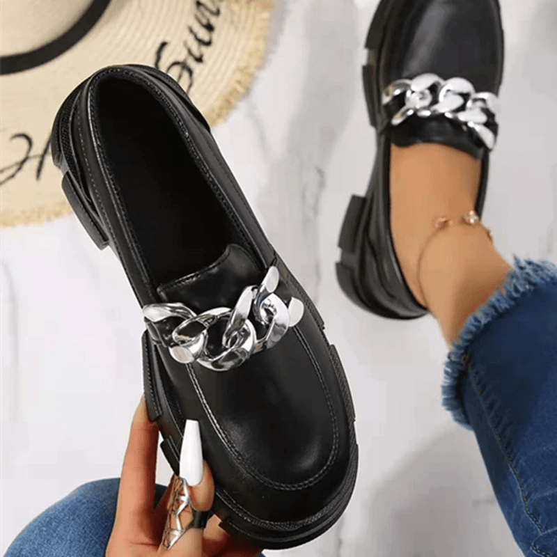 Hattie Cowhide Metal Chain Embellishment Slip-On Shoes - Hot fashionista