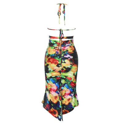 Melissa Printed Halter Top & Drawstring Ruched Skirt Set - Hot fashionista