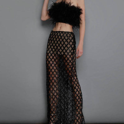 Minerva Strapless Feather Cropped Top & Mesh Long Skirt Set - Hot fashionista