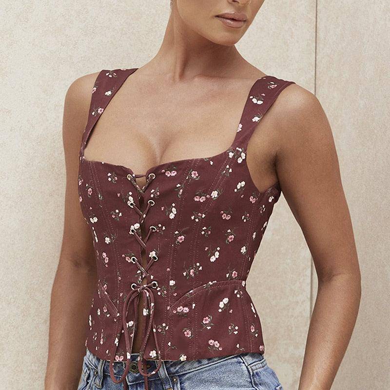Jadyn Ditsy Floral Lace Up Front Top