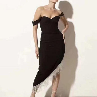 Amelie Off Shoulder Short Sleeve Diamond Tassel Dress - Hot fashionista