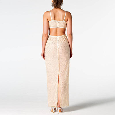 Arlette Beaded Backless Leather Detail Dress - Hot fashionista