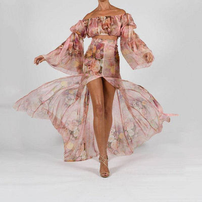 Raelynn Floral Off Shoulder Layered Sleeve & Slit Hem Skirt Set - Hot fashionista