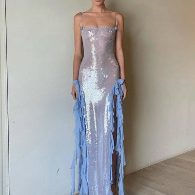 Katherine See Through Sequined Ruffle Split Dress - Hot fashionista