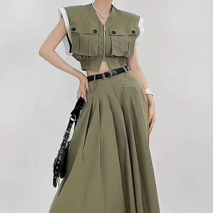 Samira Elasticized Hem Vest & Pleated Skirt Set - Hot fashionista