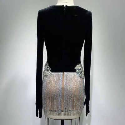 Sharon Deep V Long Sleeve Tassel Rhinestone Hem Dress - Hot fashionista