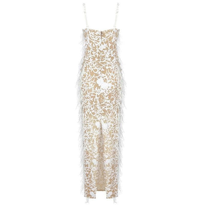 Alivia Pearl Studded Feather Mesh Sequined Maxi Dress - Hot fashionista