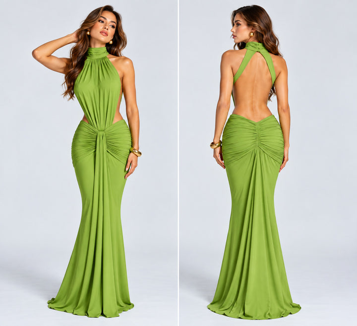 hot fashionista Serena Backless Ruched Maxi Dress green