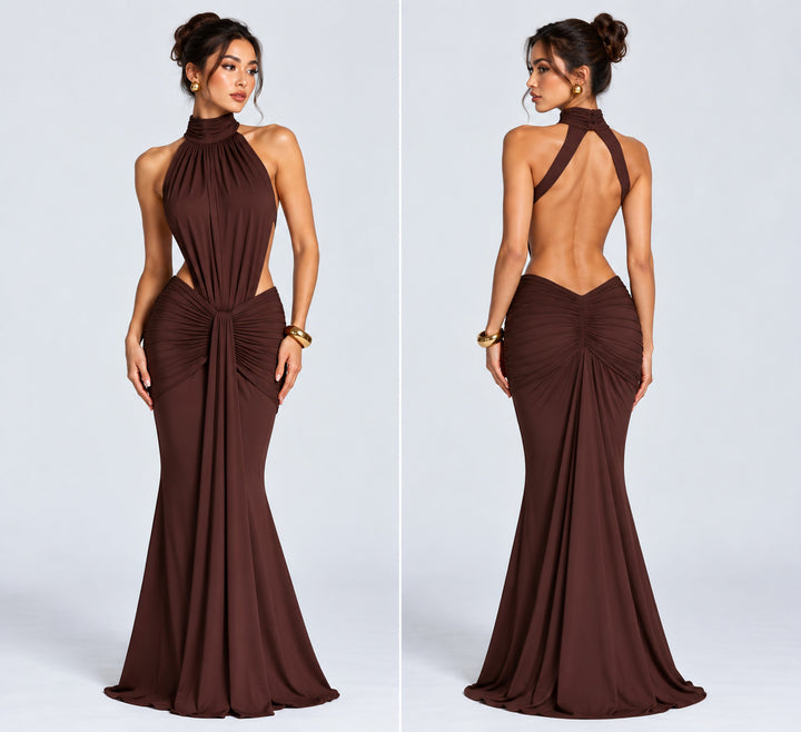 hot fashionista Serena Backless Ruched Maxi Dress green wine red